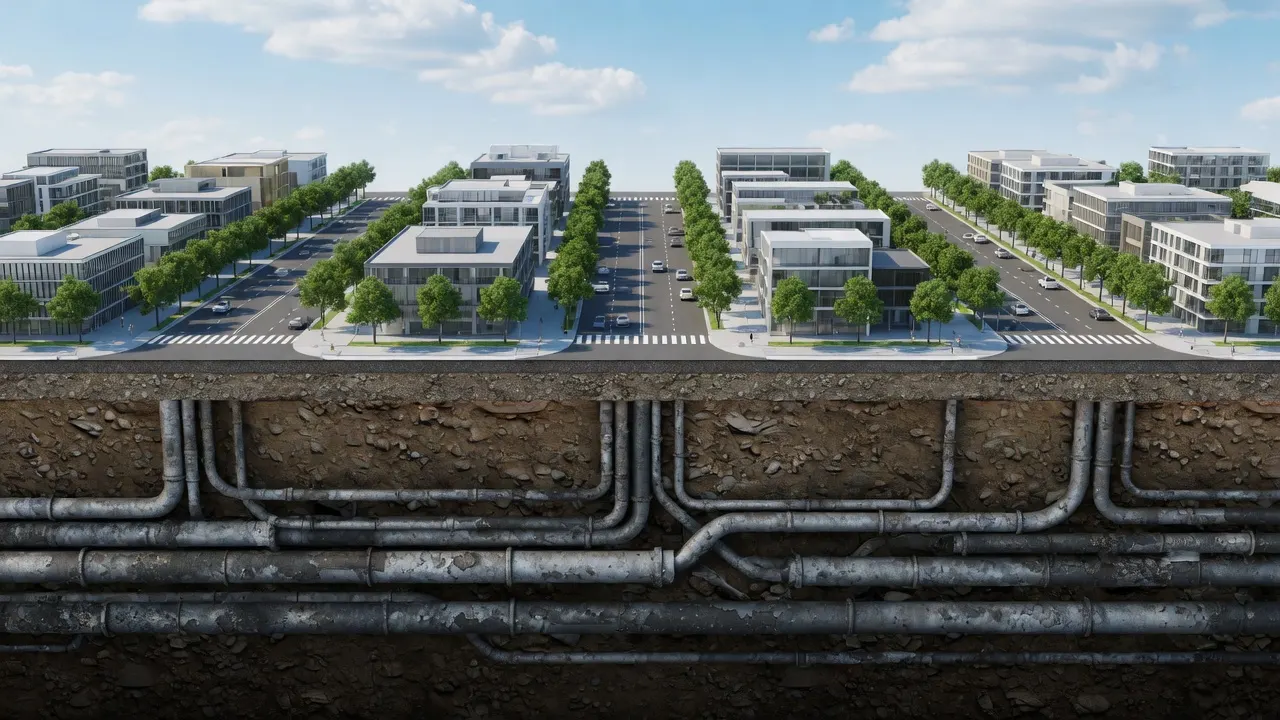 Cross-section illustration of a city street grid with old pipes running beneath