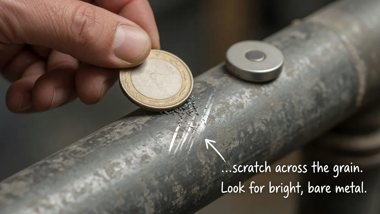 A hand scratching a dull grey incoming water pipe with a coin