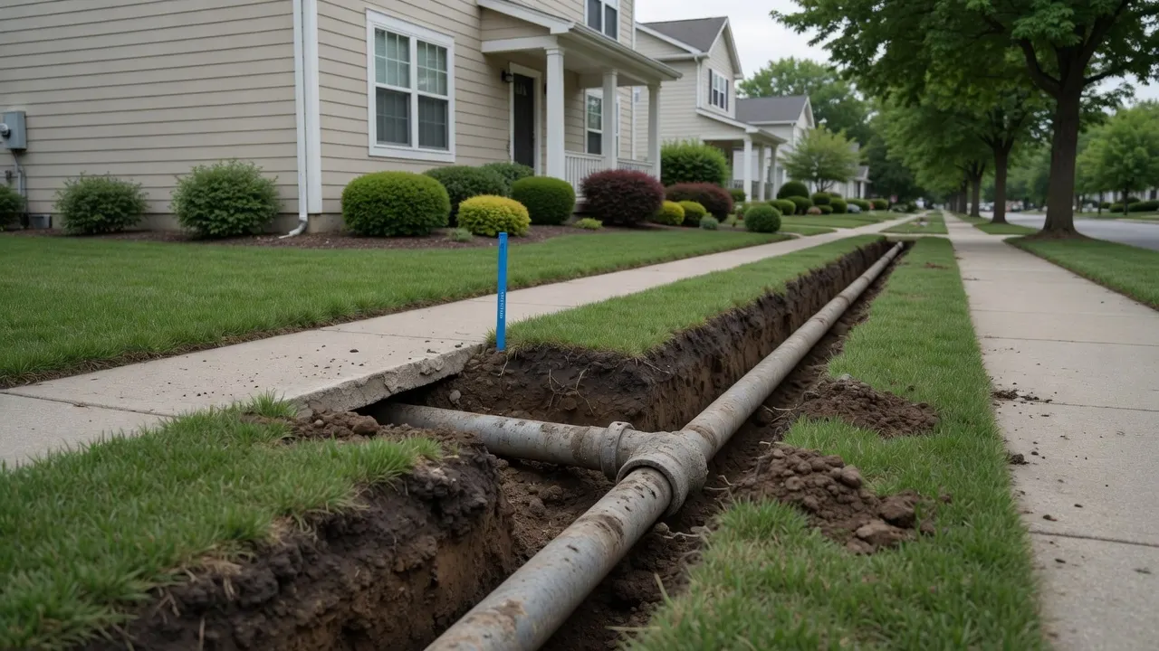 A residential water service line dug up at the curb